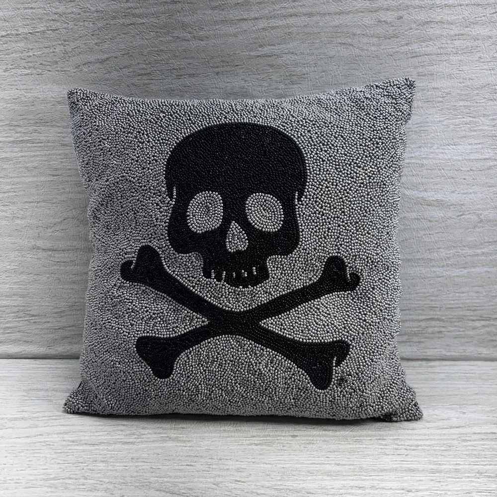 Pottery Barn Beaded Skull‎ Crossbones Pillow Black Silver Square 12x12 Accent